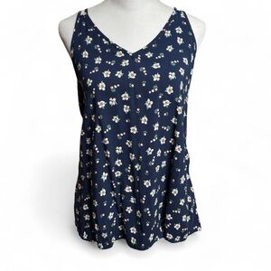 SO Blue Floral Rayon Sleeveless Blouse Top Women’s Large | Classic V-Neck